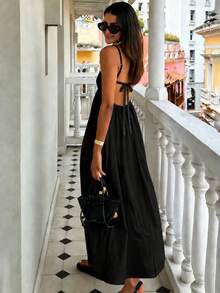 INAWLY Women's Solid Color Spaghetti Strap Backless Sleeveless Summer Fashion Dress - Black - View 1