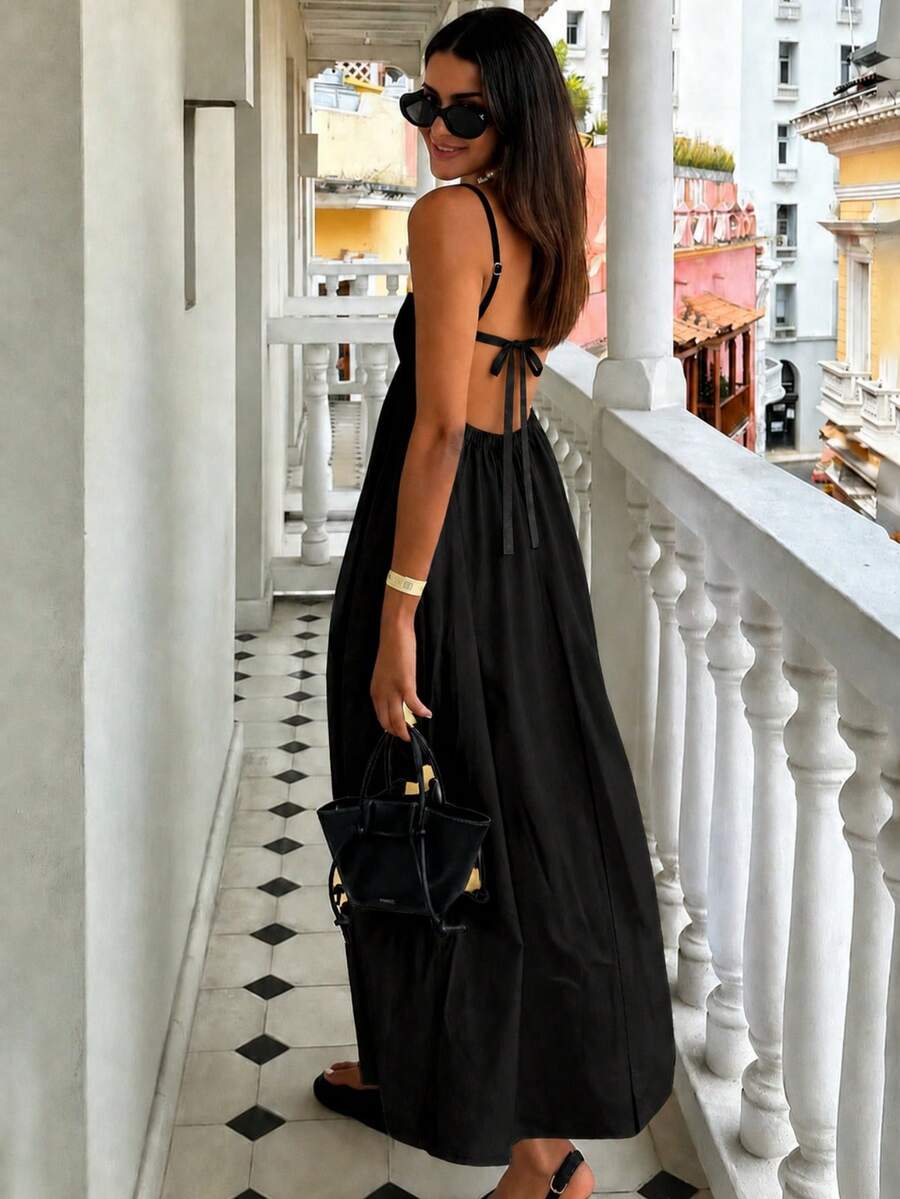 INAWLY Women's Solid Color Spaghetti Strap Backless Sleeveless Summer Fashion Dress - Black - View 1