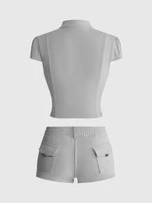ROMWE Grunge Punk Summer Y2K Hot Girl Napoleon Sexy Hollow Design Ultra Cropped Top & Ultra Low Waist Mini Shorts 2 Pieces Set - Grey - View 2
