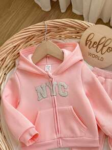 SHEIN 女嬰休閒可愛字母圖案連帽衛衣與秋季長褲套裝 - 粉色 - 查看 6