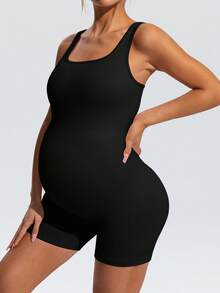 SHEIN 孕婦純色休閒日常運動連身褲 - 黑色 - 查看 10