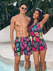 Manfinity Swimmode 男士熱帶植物印花抽繩腰沙灘短褲 - 彩色 - 查看 2