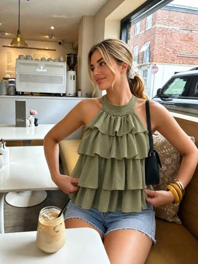 SHEIN PariChic Top de tirantes corto para mujer de verano, estilo francés elegante y romántico, con volantes voluminosos, sin mangas y pequeño cuello de pie, para vacaciones y fiestas