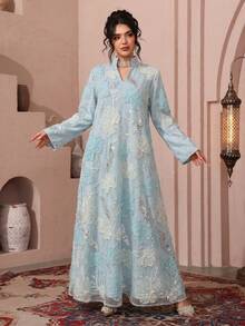 SHEIN Najma 女款刺繡珠飾網布休閒寬鬆日常長款睡袍 - 淺藍色 - 查看 4