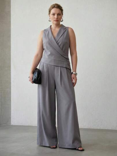 MOTF PREMIUM PLUS SIZE WOMEN'S TURNDOWN COLLAR CINCHED WAIST WIDE LEG JUMPSUIT, AUTUMN/WINTER
