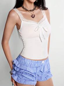 INAWLY Women's Solid Color Contrast Lace Front Tie Tank Top Date Everyday Home White Summer Cute Y2k Romantic Sexy Tropical - White - View 3