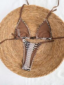 Swim Mod Bikini Thong Potongan Tinggi Sisi Warna Coklat Polos Musim Semi/Panas 2026 untuk Liburan Wanita, Set Baju Renang 2 Potong - Khaki - View 2