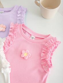 SHEIN 女童 3 件組 純色針織 3D 花朵荷葉邊休閒背心上衣 - 淡紫色 - 查看 4