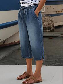 EMERY ROSE Plus Size Drawstring Tie Pocket Slit Straight Leg Ankle Pants Formal Vacation Blue Summer Casual Traditional - Blue - View 6