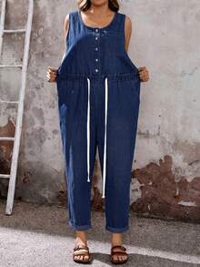 EMERY ROSE CURVE Plus Size Women Drawstring Waist Button Front Casual Sleeveless Denim Jumpsuit - Dark Wash - View 6