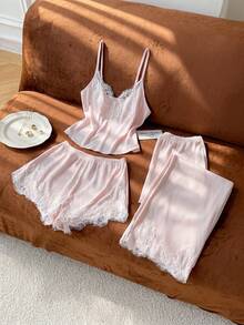Moireta Set Piyama Wanita 3 Potong Elegan Menawan dengan Motif Renda dan Patchwork Romantis yang Mewah - Baby Pink - View 1