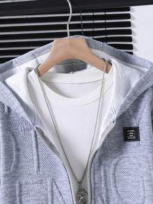 SHEIN 男童灰色字母紋理連帽拉鍊運動衫，休閒百搭外套，適合春秋季，適用於學校、居家與日常穿著，中大童適用 - 灰色 - 查看 4