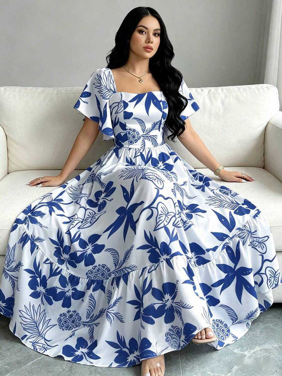 Modelyn 女款扶桑花、鳳梨、棕櫚樹印花花卉洋裝,時尚方領短袖荷葉邊下擺設計,夏季度假風洋裝 - 彩色 - 查看 1