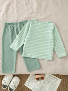Souflis Souflis 2pcs Toddler Baby Boy Clothes Casual Striped Button Pocket Long Sleeve Soft Top And Pants 2 Piece Sets Outfit Vacation Summer Baby Boy Clothing Sets - Green - View 2