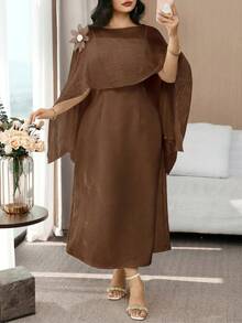 Modelyn Plus Size Solid Color Minimalist Design 3D Floral Decor Elegant Summer Dress Fall - Coffee Brown - View 3