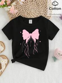 女童幼兒四季時尚簡約粉色蝴蝶結圖案印花休閒基礎款棉質短袖T恤，舒適日常穿著，可愛日系風 - 黑色 - 查看 4
