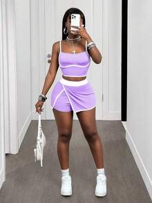 Mistrie Women's Colorblock Ultra Short Top And Shorts Minimalist Slim Fit Sports Set - Mauve Purple - View 6