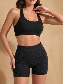 Silquee Ribbed Knit Crisscross Back Crop Sports Tank Top - Black - View 7