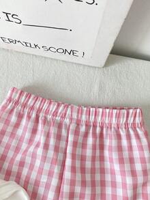 SHEIN Playful Pals 2-teiliges Sommer-Mode-Set für Baby-Mädchen im minimalistischen Streetstyle, weißes Kurzarm-T-Shirt mit rosa karierter Stickerei-Dekoration auf der Brust und rosa gestreifte lange Hose, geeignet für Alltag, Schule, Lässig und Sport - Pink - Übersicht 8