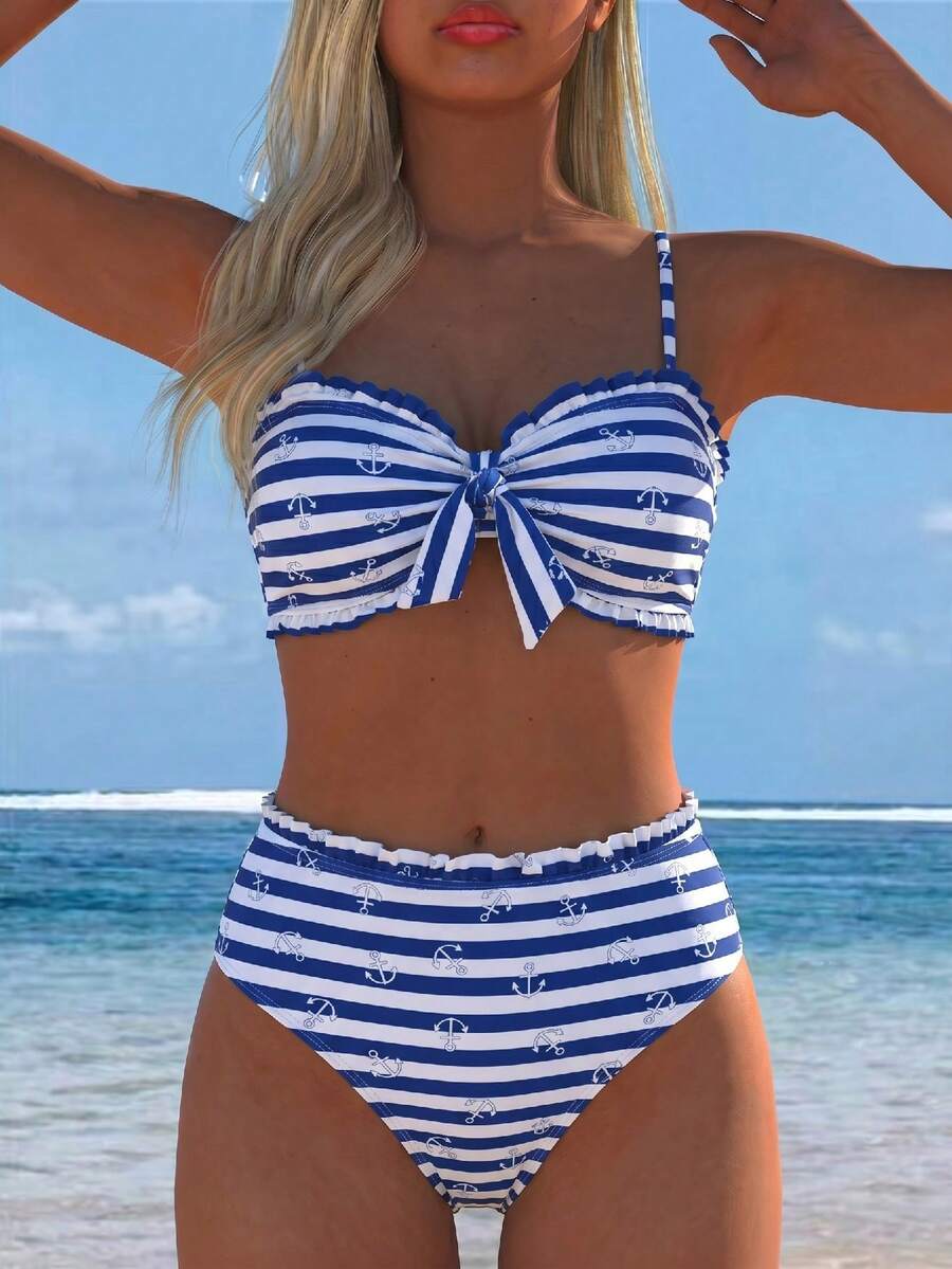 Swim Lushoire 春夏流行女款性感波點印花設計度假網紅風沙灘比基尼套裝 - 藍色 - 查看 1