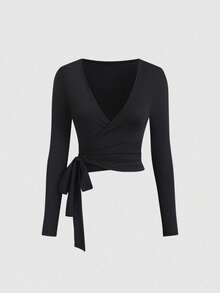 SHEIN EZwear 2026秋季新款 95%棉 時尚歐美性感簡約休閒運動健身彈性柔軟前開襟繫帶V領貼身長袖短版三件套純色優雅通勤女款T恤，四季皆宜，皮拉提斯、瑜伽運動T恤 - 彩色 - 查看 5