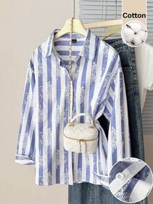Muvela Elegant Women's Blue White Vertical Striped Button Down Shirt Figure Flattering Floral Print Blouse - Blue and White - View 3