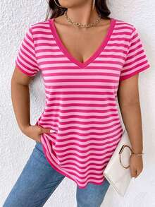 EMERY ROSE Plus Size Women's Striped Pattern V-Neck Short Sleeve T-Shirt - Multicolor - View 3