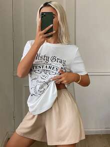 DAZY Women's Letter Print Short Sleeve T-Shirt And Shorts Loungewear Set Summer Pajamas - White - View 5