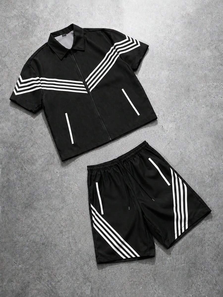 PAVTROS Men's Casual Shirt Set, Striped Print Casual Set - Black - View 1