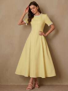 BELROSIE Women's Dress Waist-Cinching A-Line Pearl Beaded Round Neck Cuffs Princess Line Large Swing Elegant Vintage Old Money White And Gold Dinner Summer - Yellow - View 4