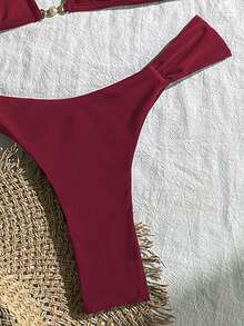 Bonvoyette New 2-Piece Pearl Buckle Thick Strap V-Neck Sexy Vacation Split Bikini Swimsuit Set For Women - Burgundy - View 6