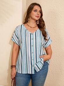 Rosumi Plus Size Women's Striped Batwing Short Sleeve Single-Breasted Casual Shirt - Blue - View 9