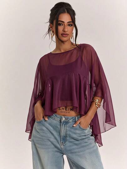 SHEIN BAE Spring/Summer Sheer Plum Purple Women's Long Sleeve Ruffle Hem Sun Protection Blouse, Elegant Purple Chiffon Top