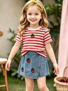 SHEIN Playful Pals 返校季女童休閒可愛圓領標準肩彩色波點彩虹印花T恤與純色牛仔裙褲套裝，夏季 - 紅色 - 查看 4
