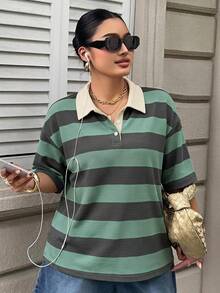 Dazy Plus 大碼女款拼色拼接條紋寬鬆 Polo 領中袖休閒夏季 T 恤 - 軍綠色 - 查看 4