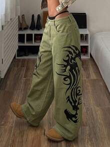 StreetHx Plus Size Fashion 2000s 90s Vintage Retro Print Curved Leg Wide Leg Jeans Date Night Green Summer - Olive Green - View 3