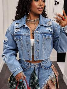 Slaydiva Jaket Denim Pendek Kasual Bermotif untuk Wanita Ukuran Plus, Serbaguna dan Modis - Medium Wash - View 2