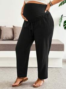 Plussiva Plus Size Maternity Adjustable Waist Casual Long Pants - Black - View 7