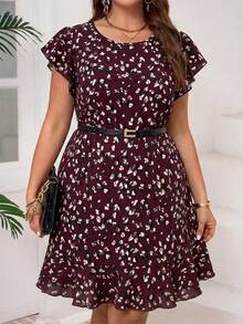 SHEIN Clasi Plus Size Casual Leopard Print Round Neck Ruffle Sleeve Dress - Red Violet - View 1