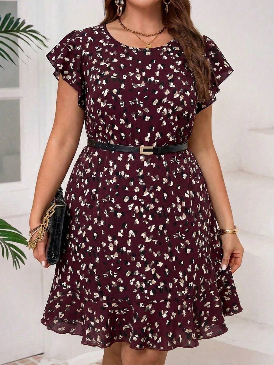 SHEIN Clasi Plus Size Casual Leopard Print Round Neck Ruffle Sleeve Dress - Red Violet - View 1