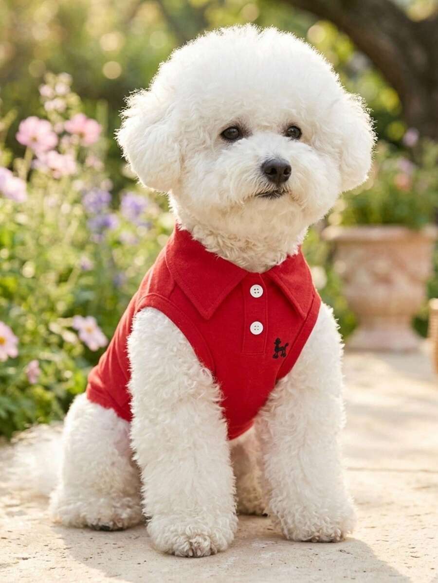 PETSIN 一件式純色寵物刺繡 Polo 襯衫背心,適合春夏季 - 紅色 - 查看 1