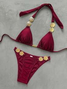 Swim Vcay Solid Color Halter Neck Tie, Waist Metal Trim Decor, Elegant Vacation Women's Swimwear Set - Burgundy - View 4