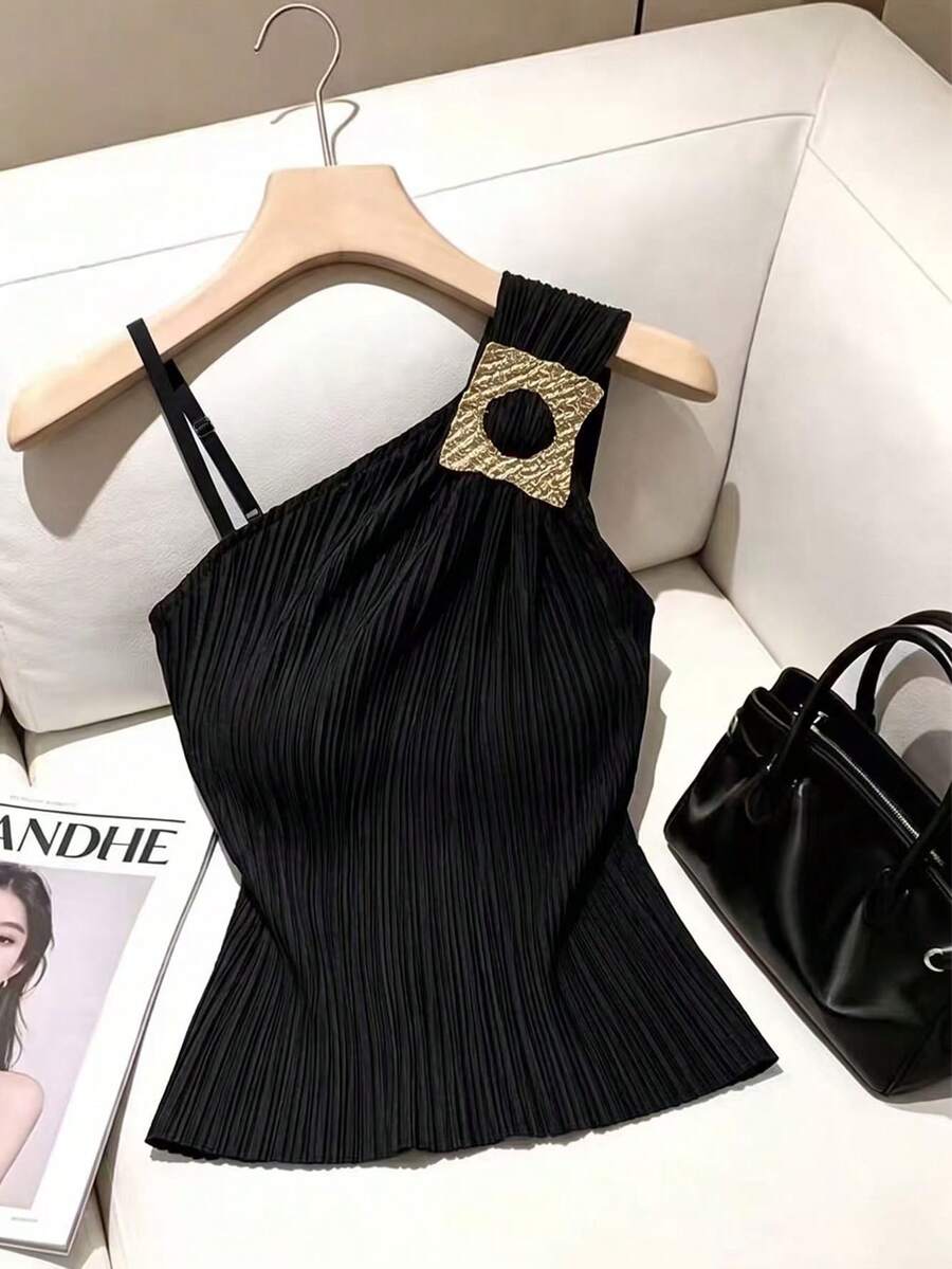 Franclia 女款時尚不對稱領口無袖上衣，飾有金屬裝飾 - 黑色 - 查看 1