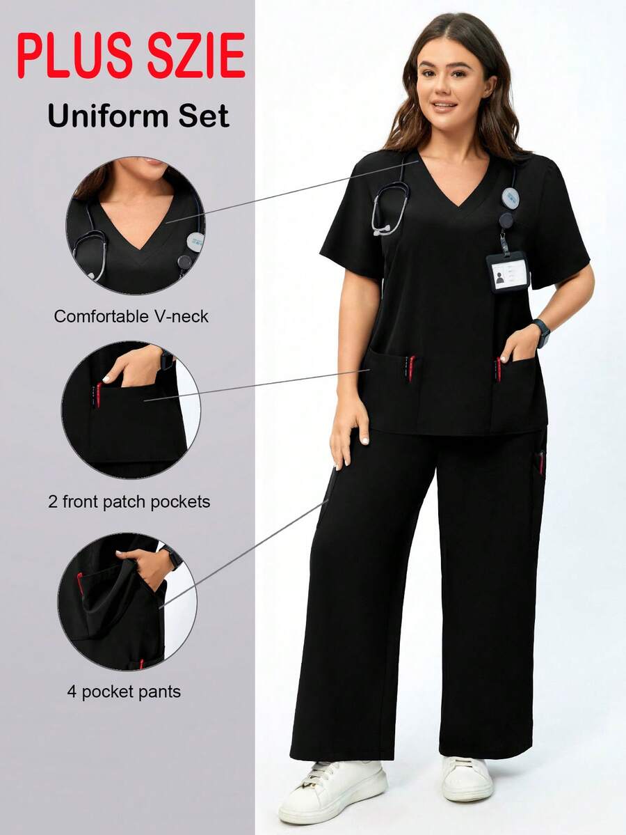 TaskEZ Women's Plus Size Surgical Gown Top And Pants Loose Two Pieces Set - Black - View 1