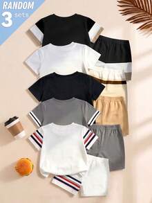 SHEIN 隨機 3 套 6 件組男嬰服裝套裝，時尚街頭經典商務帥氣條紋極簡字母 Logo 與馬 Logo 印花圓領 T 恤上衣，搭配純色馬 Logo 條紋字母 Logo 印花短褲，多件組合套裝 - 彩色 - 查看 2