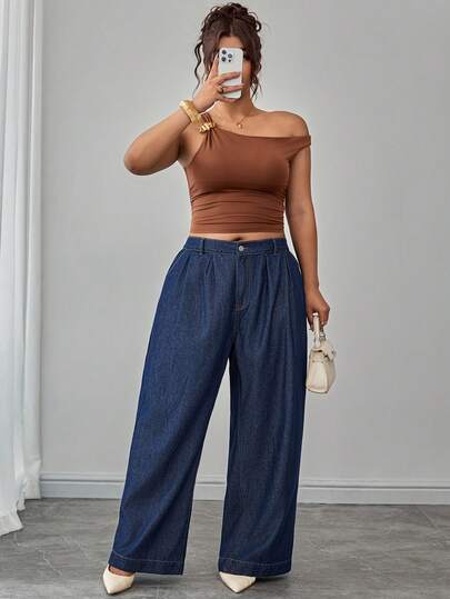 Elenzga Plus-Size Elegant Women's Dark Washed Denim Jeans
