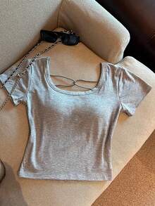 EMERY ROSE Hollow Out Back Padded Short Sleeve T-Shirt - Grey - View 2