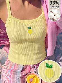 SHEIN 女孩款清新溫柔風細肩帶背心，飾有檸檬刺繡貼布，活潑俏皮，適合夏季居家、購物、下午茶等休閒日常場景，亦適用於夏季出遊與輕社交聚會，穿出初夏微風般的溫柔甜美感 - 黃色 - 查看 7