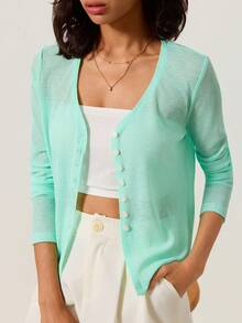 SHEIN BASICS Women's Solid Color Single-Breasted Casual Versatile Daily Long Sleeve Cardigan Office Mint Green Autumn - Apricot - View 3