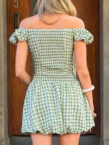 MainGRL Green And White Gingham Off Shoulder Ruffle Mini Dress Summer Modest Fairycore Elegant Sexy Tropical Picnic Vacation Outfit For Women Bubble Hem - Green - View 2